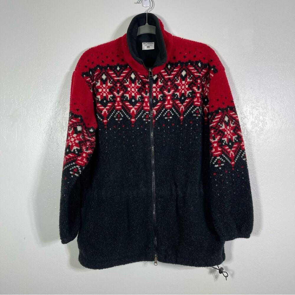 Columbia, Fuzzy Fleece Printed Long Jacket. Size Medium, Cinch waist and hem.